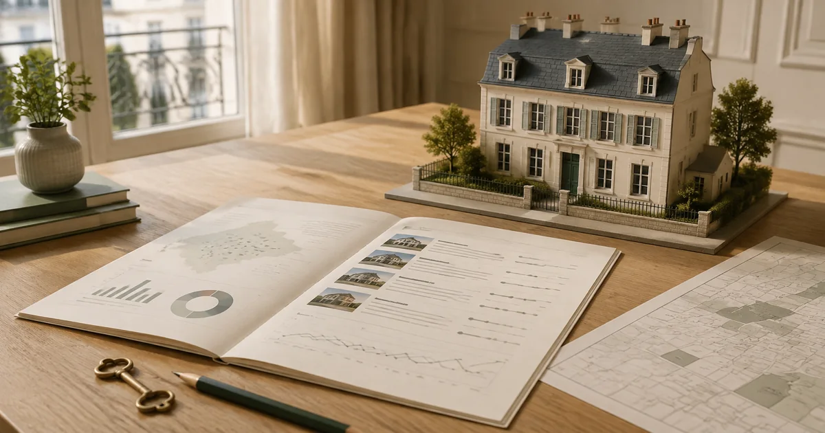 Maquette de maison, rapport d'évaluation, plan cadastral et ventes comparables sur une table