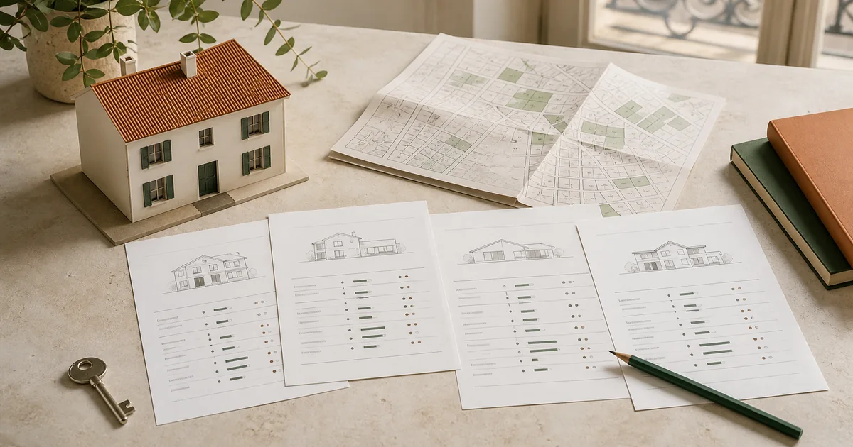 Maquette de maison, clé, plan cadastral et fiches de comparaison posés sur une table
