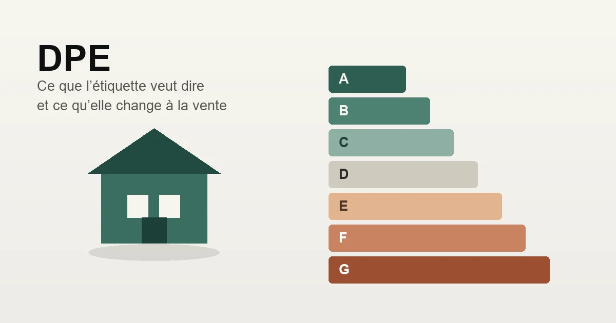 Maison stylisée à côté de l'échelle des classes DPE, de A en vert à G en terracotta