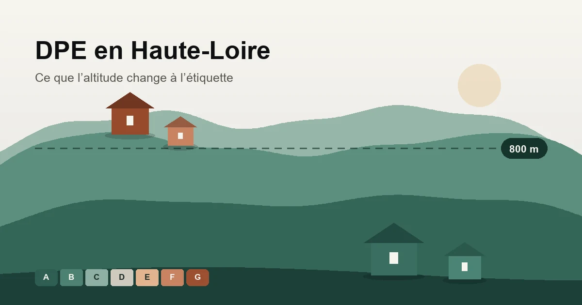 Paysage de sucs de Haute-Loire traversé par la ligne des 800 mètres d'altitude, avec l'échelle des classes DPE de A à G