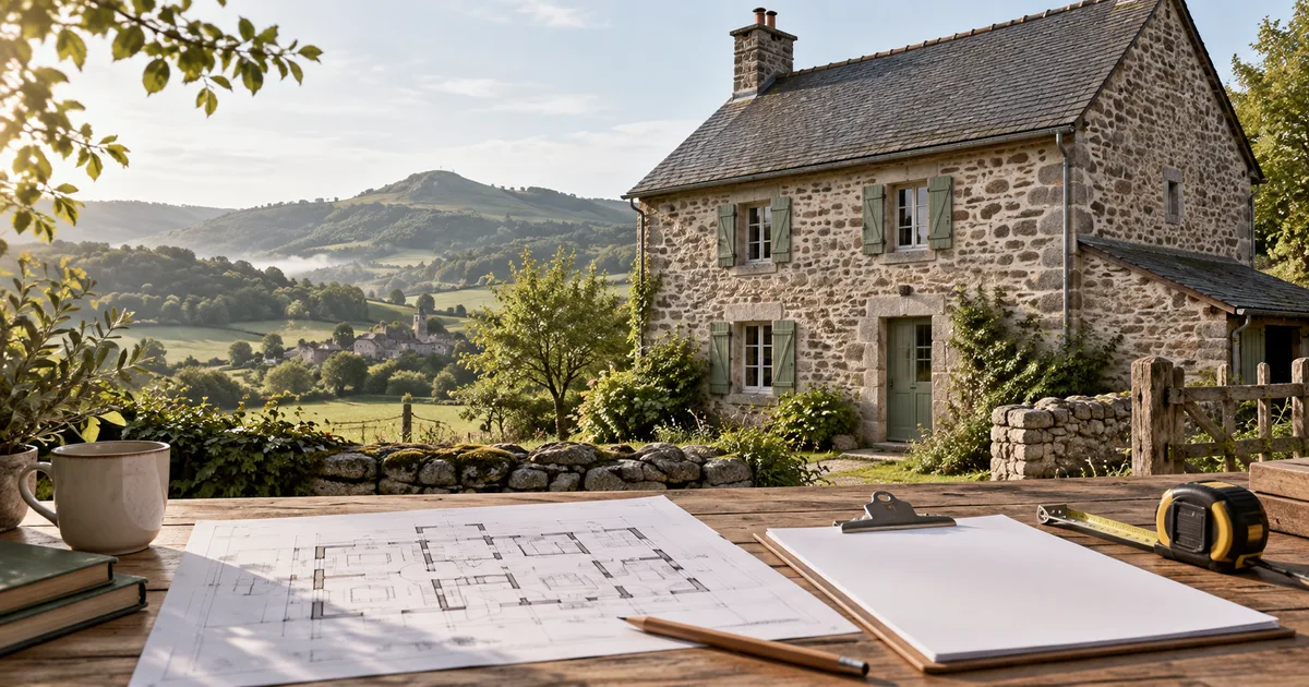 Maison ancienne en pierre, plans et mètre de chantier sur une table