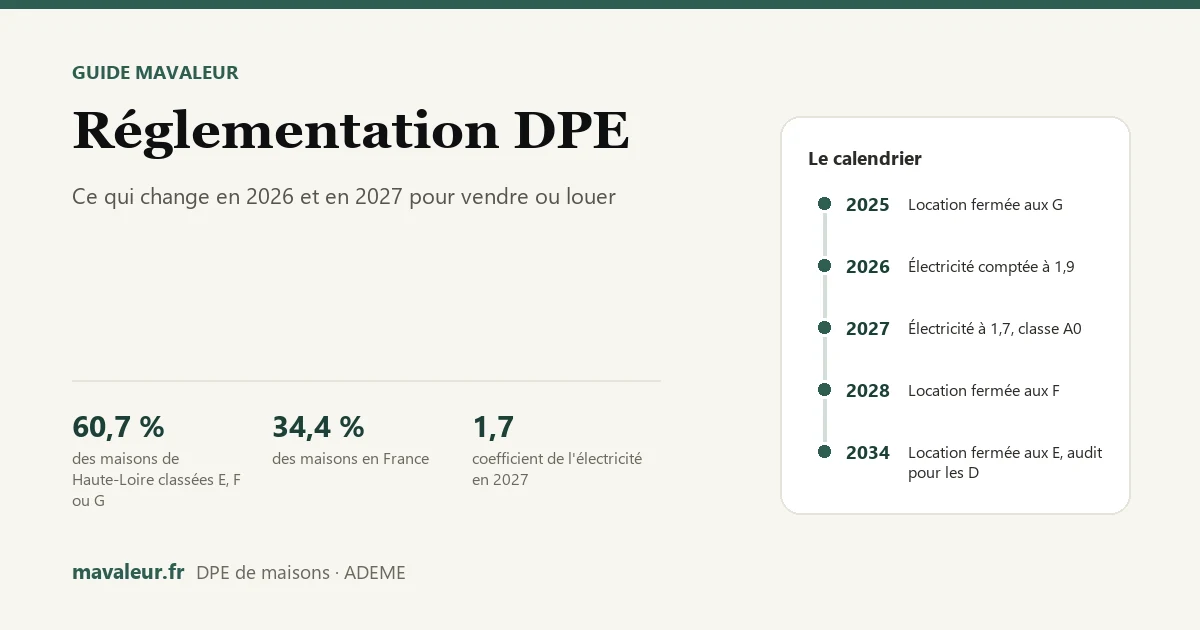 Frise du calendrier du DPE de 2025 à 2034, à côté de la part des maisons classées E, F ou G en Haute-Loire et en France