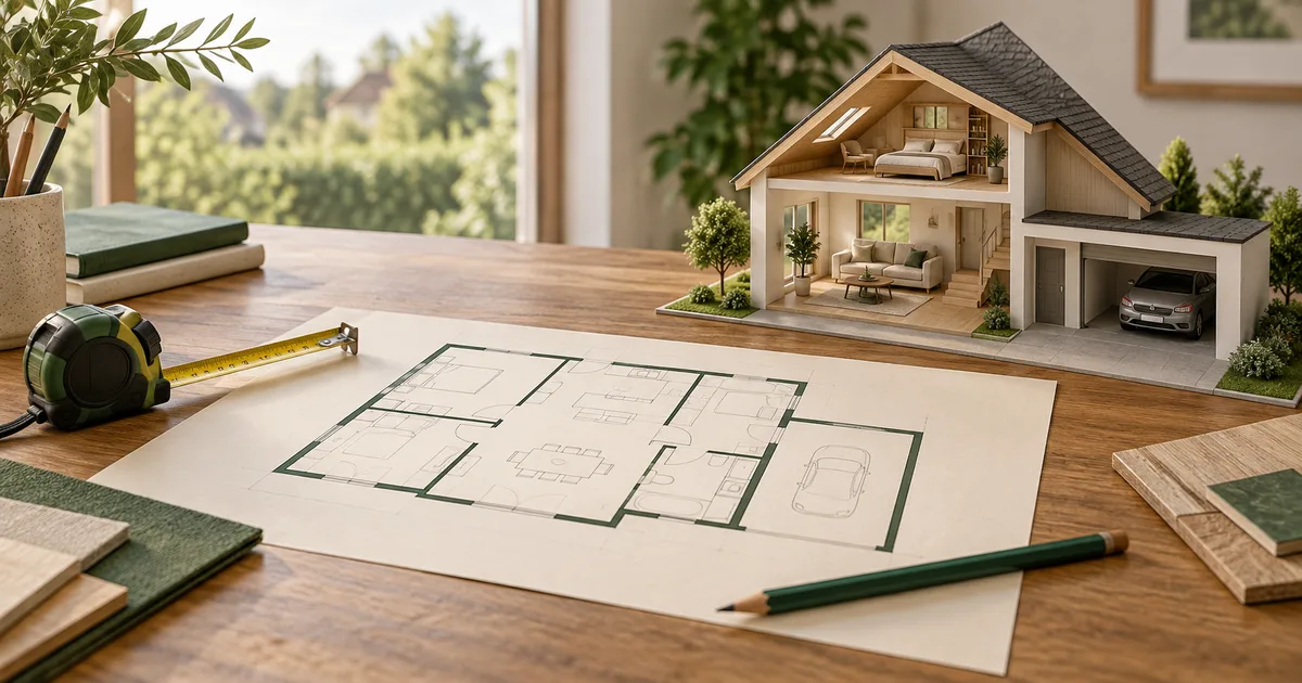 Plan, mètre et maquette d'une maison avec combles et garage distincts